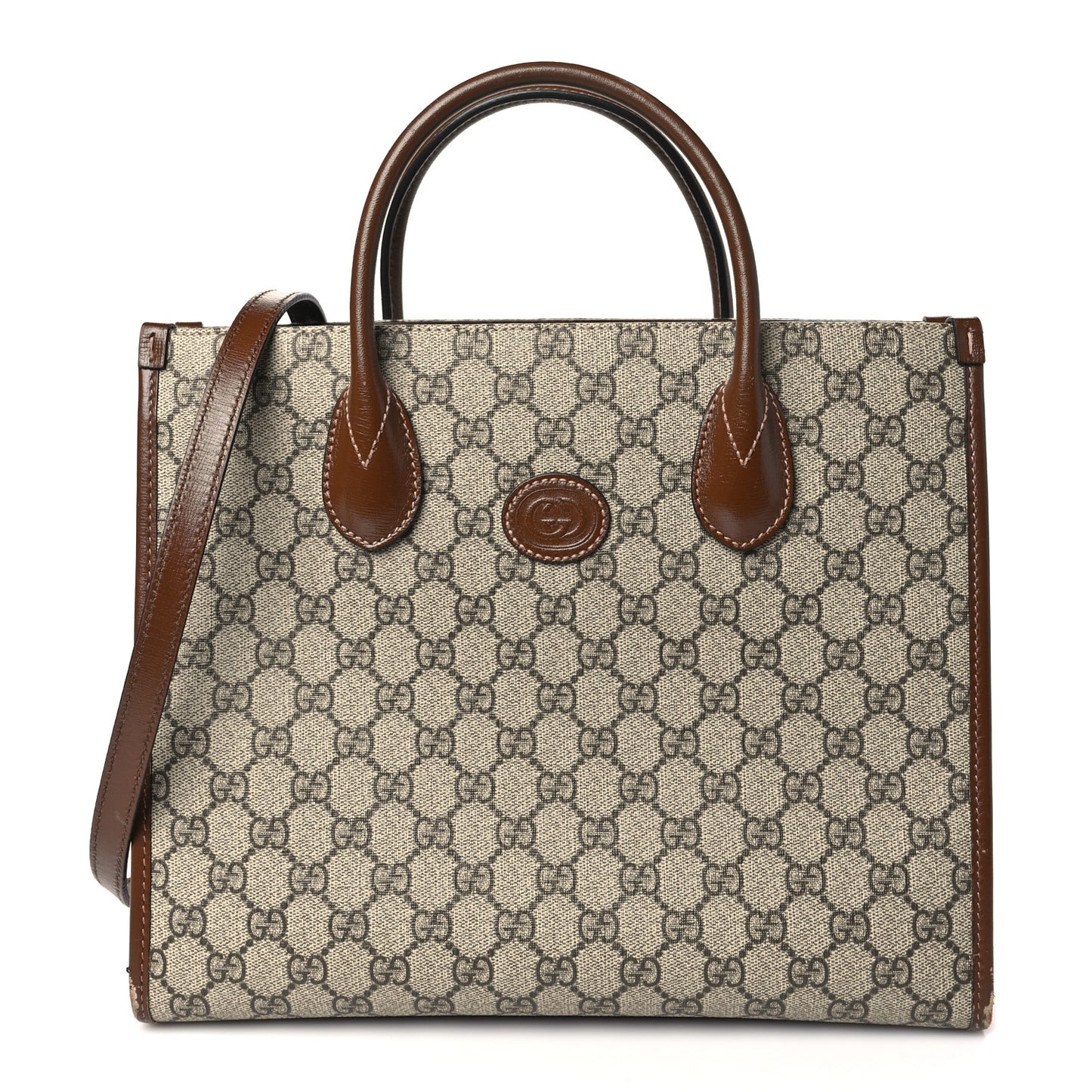 GG Supreme Monogram Azalea Calfskin Small Retro Interlocking G Tote Bag Beige Ebony Brown Sugar