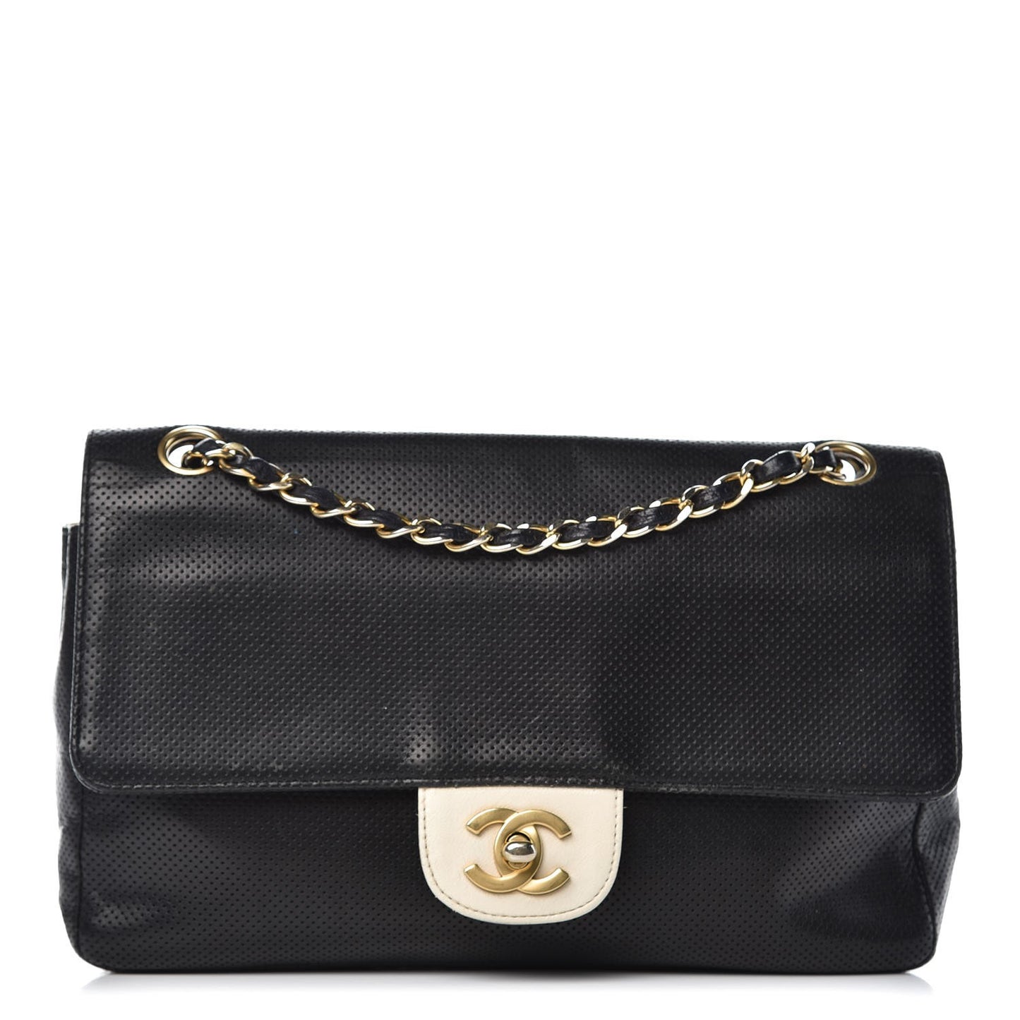 Lambskin Perforated Medium Single Flap Bag Black White