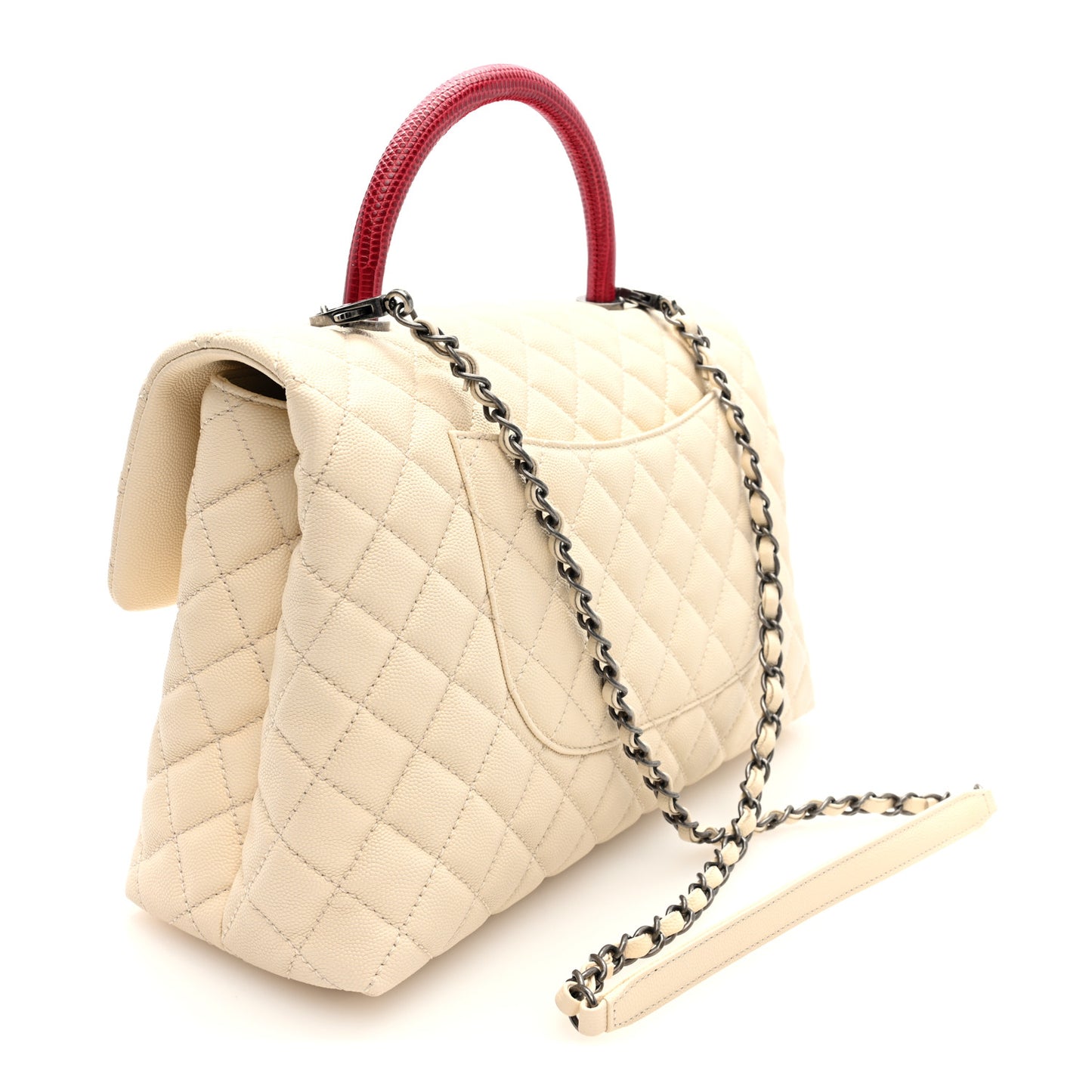 Caviar Lizard Quilted Medium Coco Handle Flap White