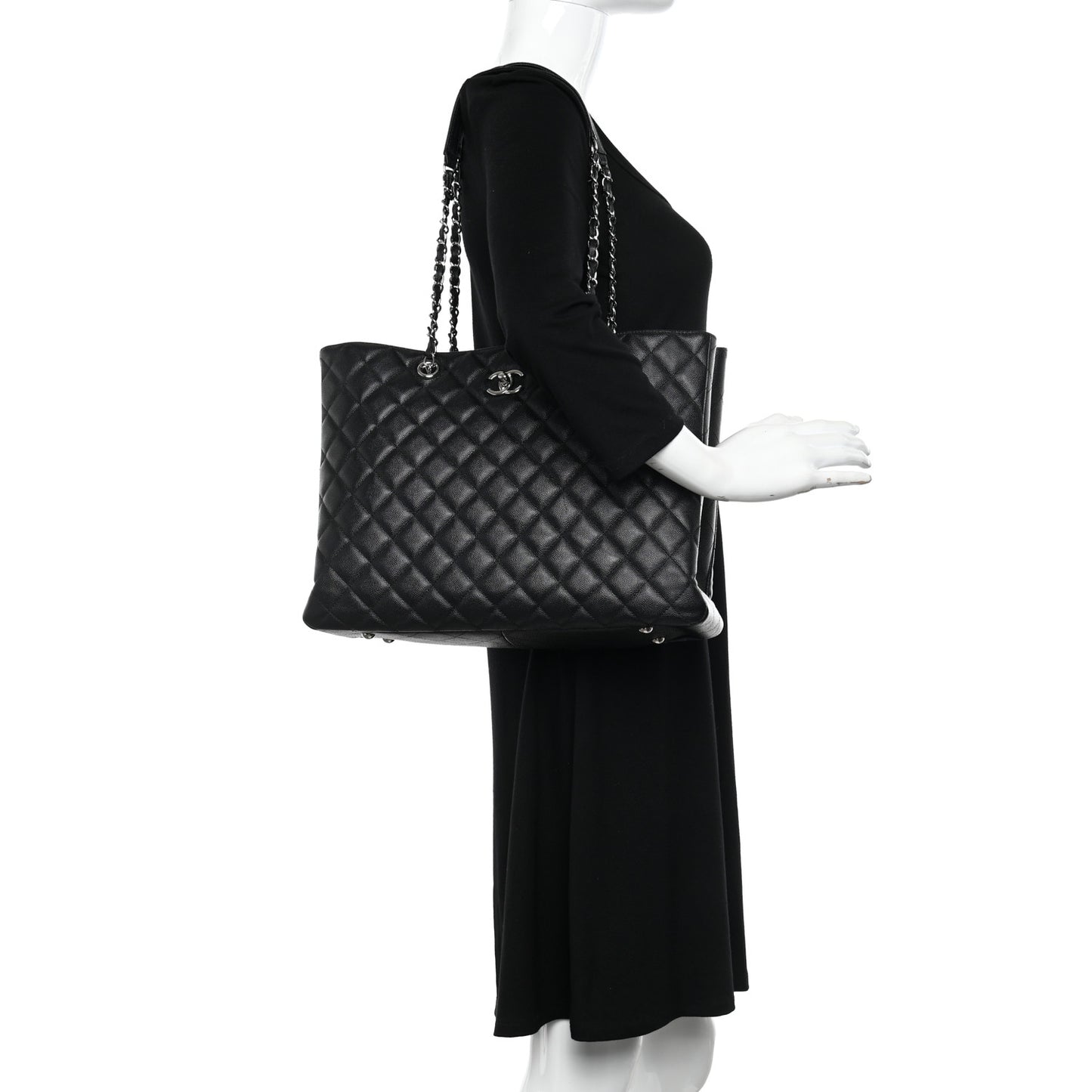 Caviar Quilted Large Shopping Tote Black