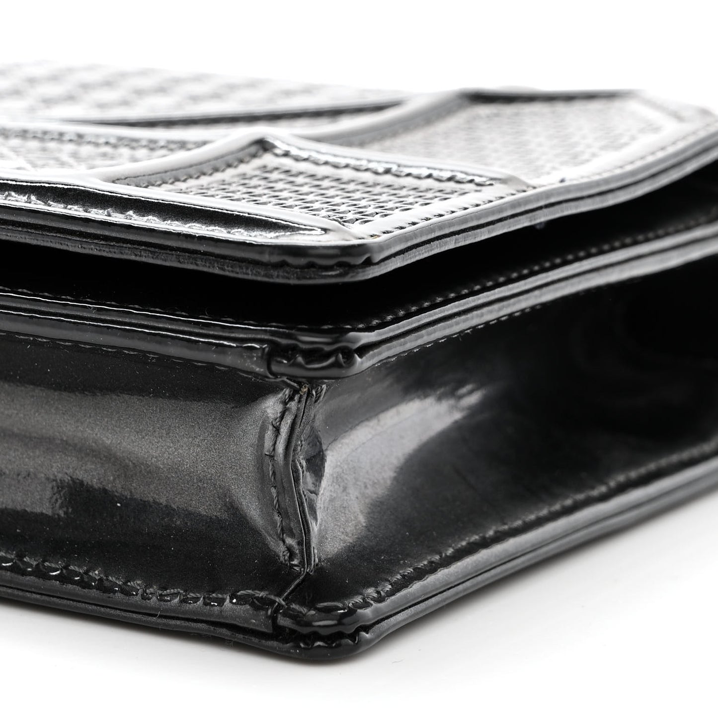 Metallic Patent Micro-Cannage Diorama Wallet on Chain Pouch Onyx Black