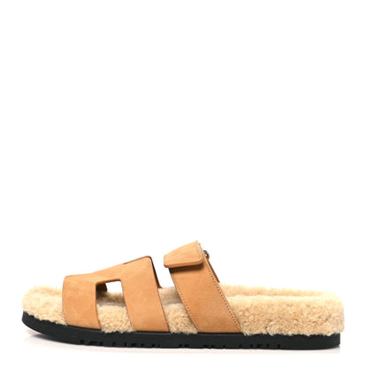 Hermes Suede Goatskin Woolskin Womens Chypre Sandals 39 Golden Beige 1 of 10