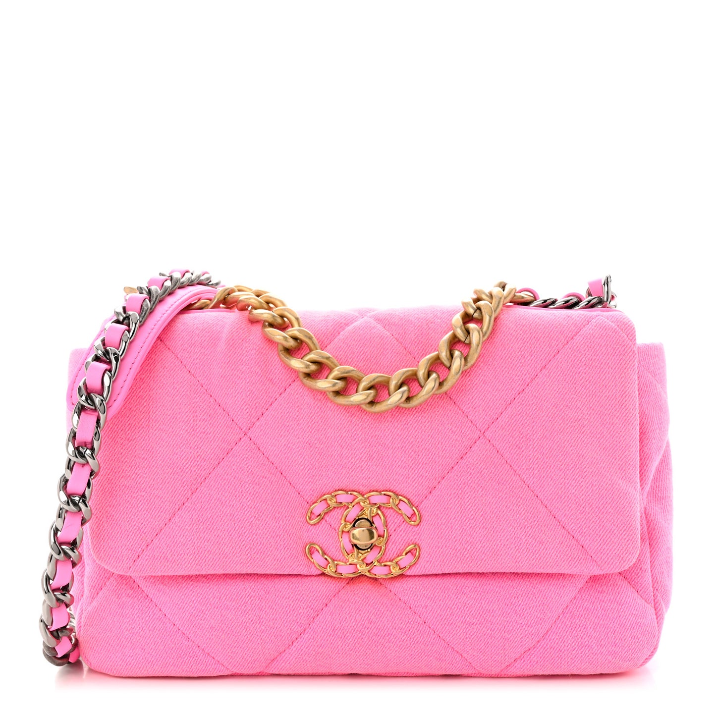 Denim Quilted Medium Chanel 19 Flap Neon Pink