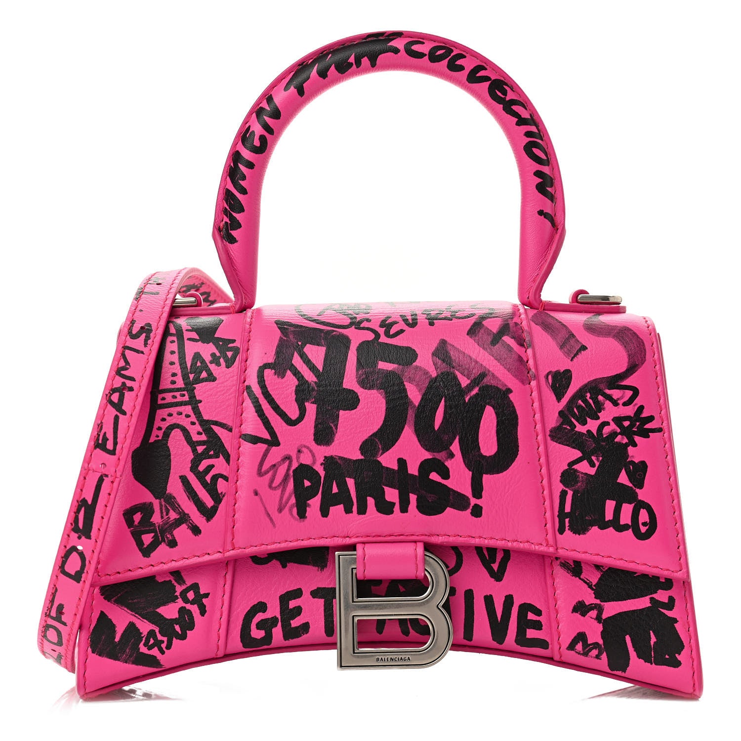 Balenciaga Smooth Calfskin Graffiti Hourglass Top Handle Bag XS Acid Fuchsia Black 1 of 11