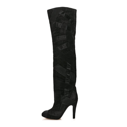 Chanel Suede Grosgrain Patchwork Over The Knee Boots 38.5 Black 1 of 10