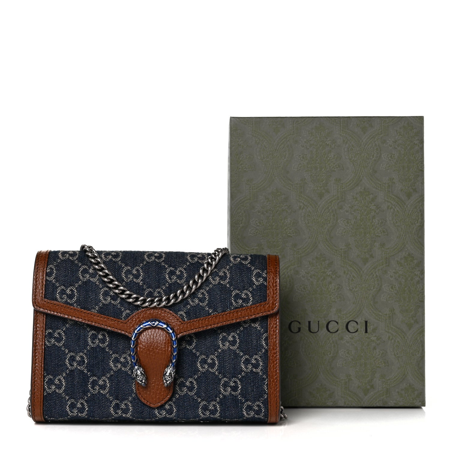 Gucci New Denim GG Monogram Dollar Calfskin Enamel Mini Dionysus Chain Wallet Blue Tea Cuir Epilog Electric Blue 9 of 9