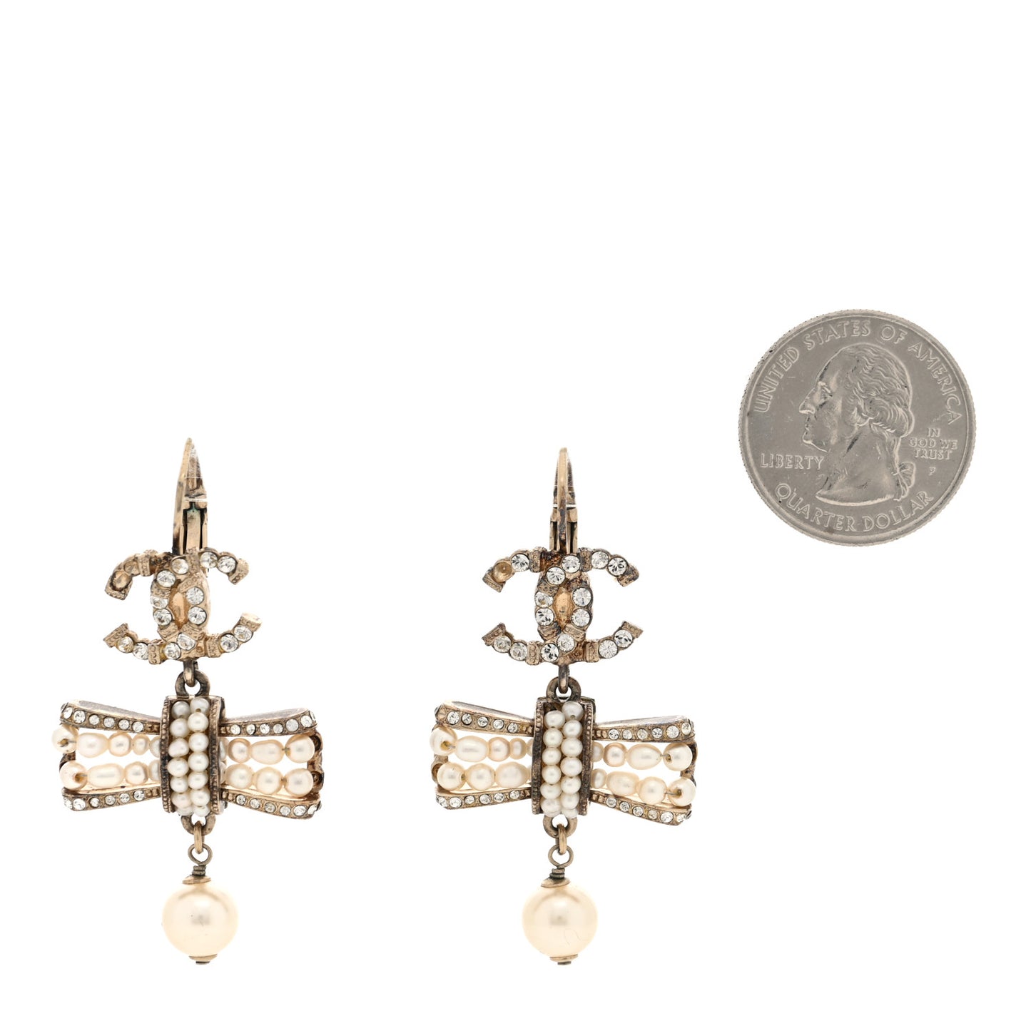 CC Crystal Pearl Bow Drop Clip On Earrings Gold