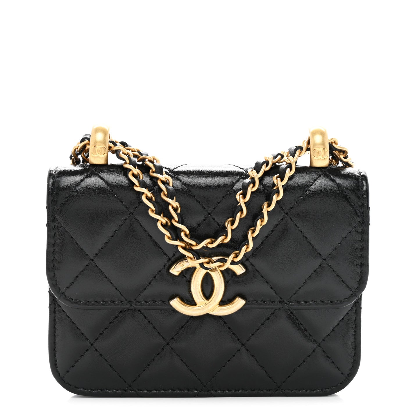 Calfskin Quilted Perfect Fit Coin Purse With Chain Black