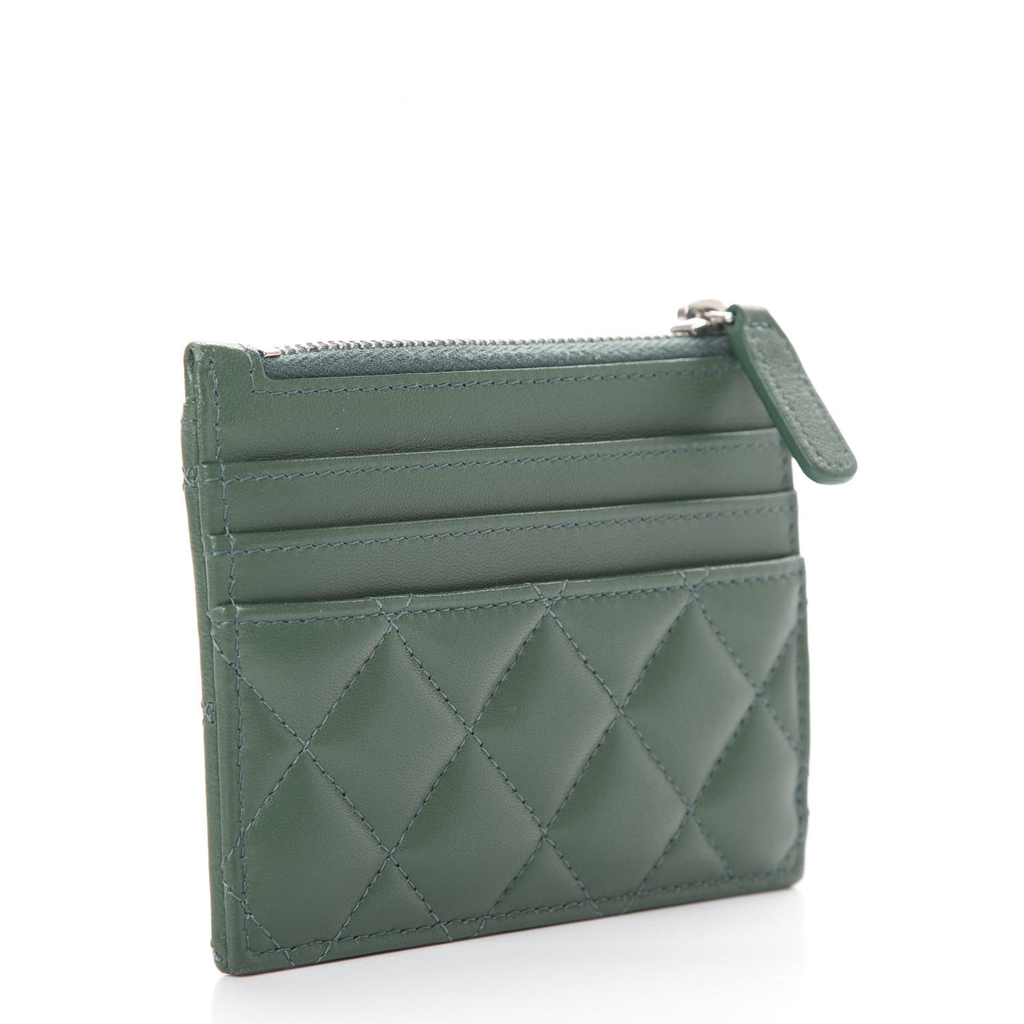 Lambskin Quilted Zip Card Holder Green
