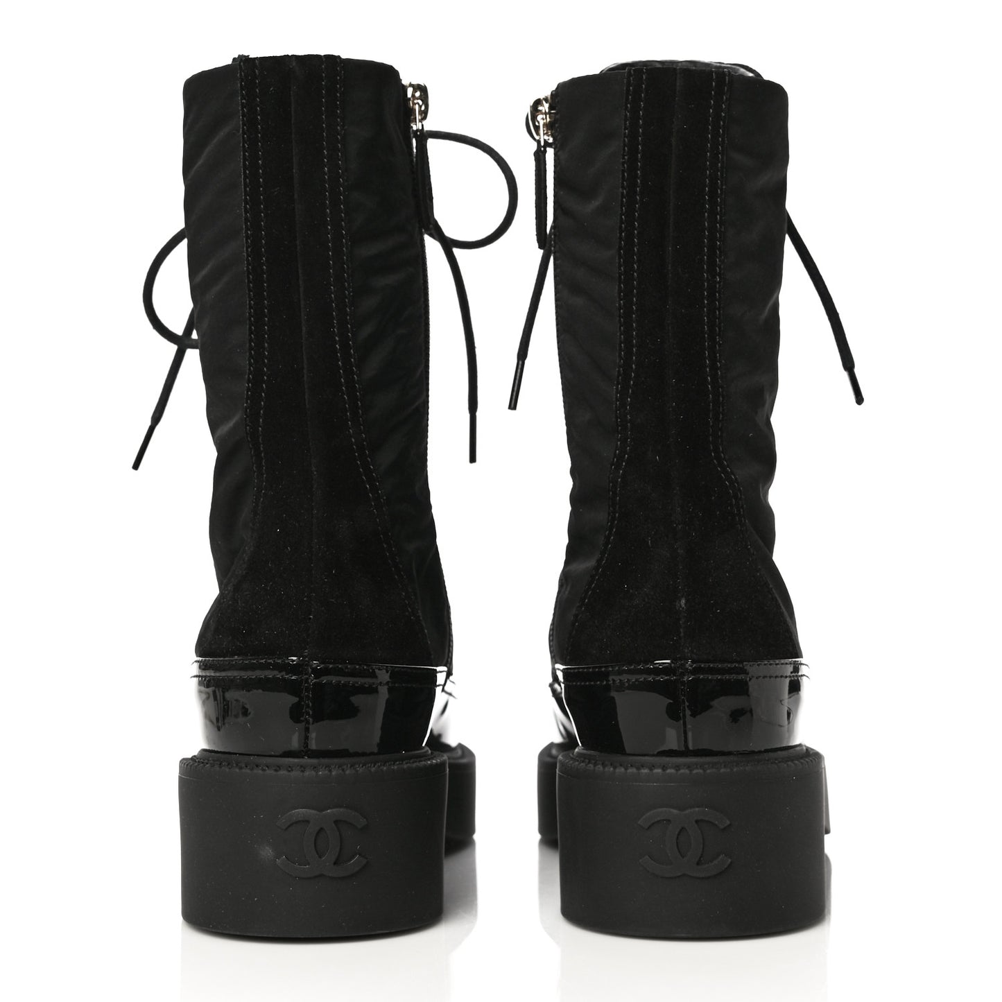 Nylon Suede Patent Calfskin CC Lace Up Boots 36.5 Black