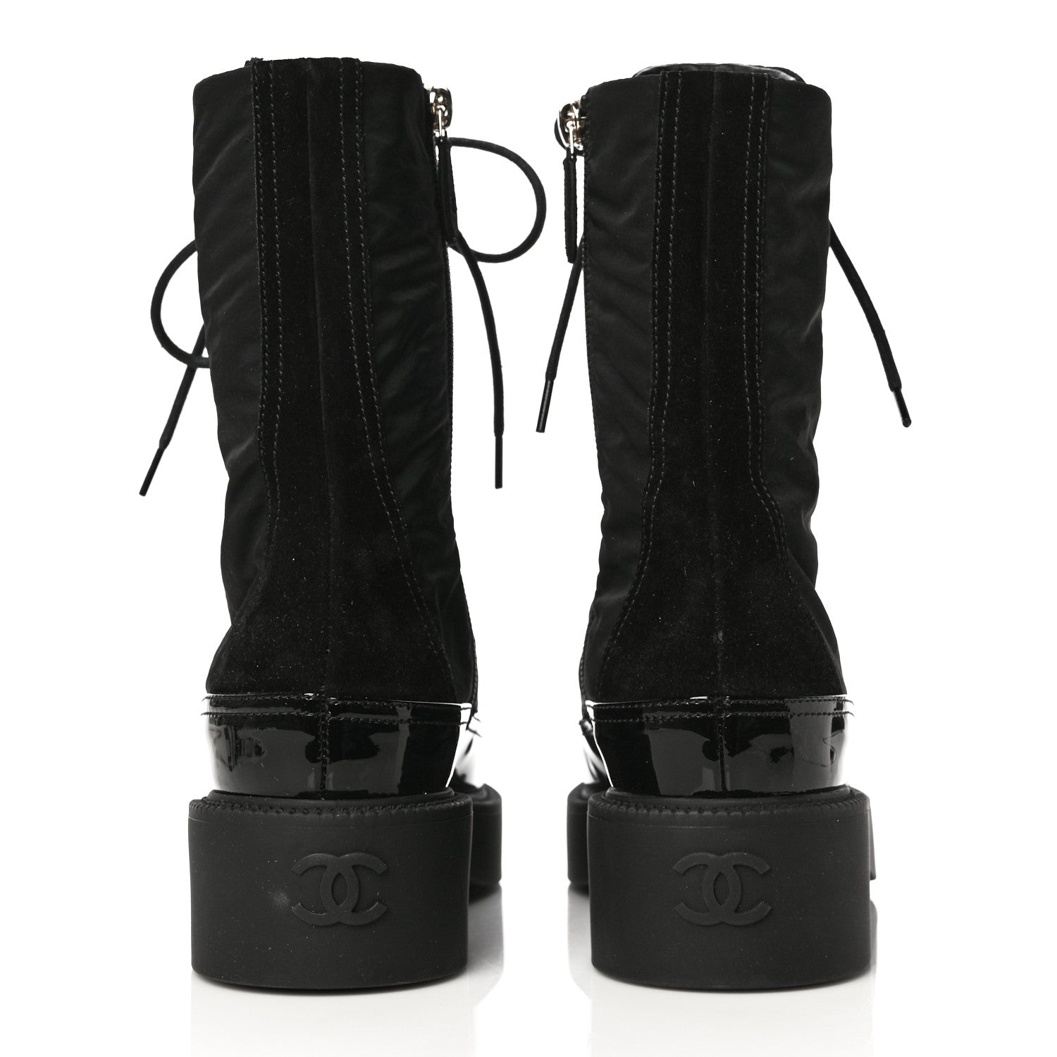 Chanel Nylon Suede Patent Calfskin CC Lace Up Boots 36.5 Black 5 of 13