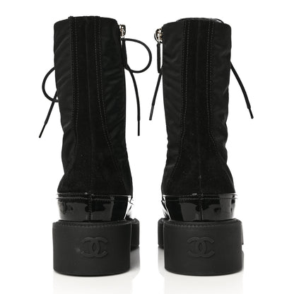 Chanel Nylon Suede Patent Calfskin CC Lace Up Boots 36.5 Black 5 of 13
