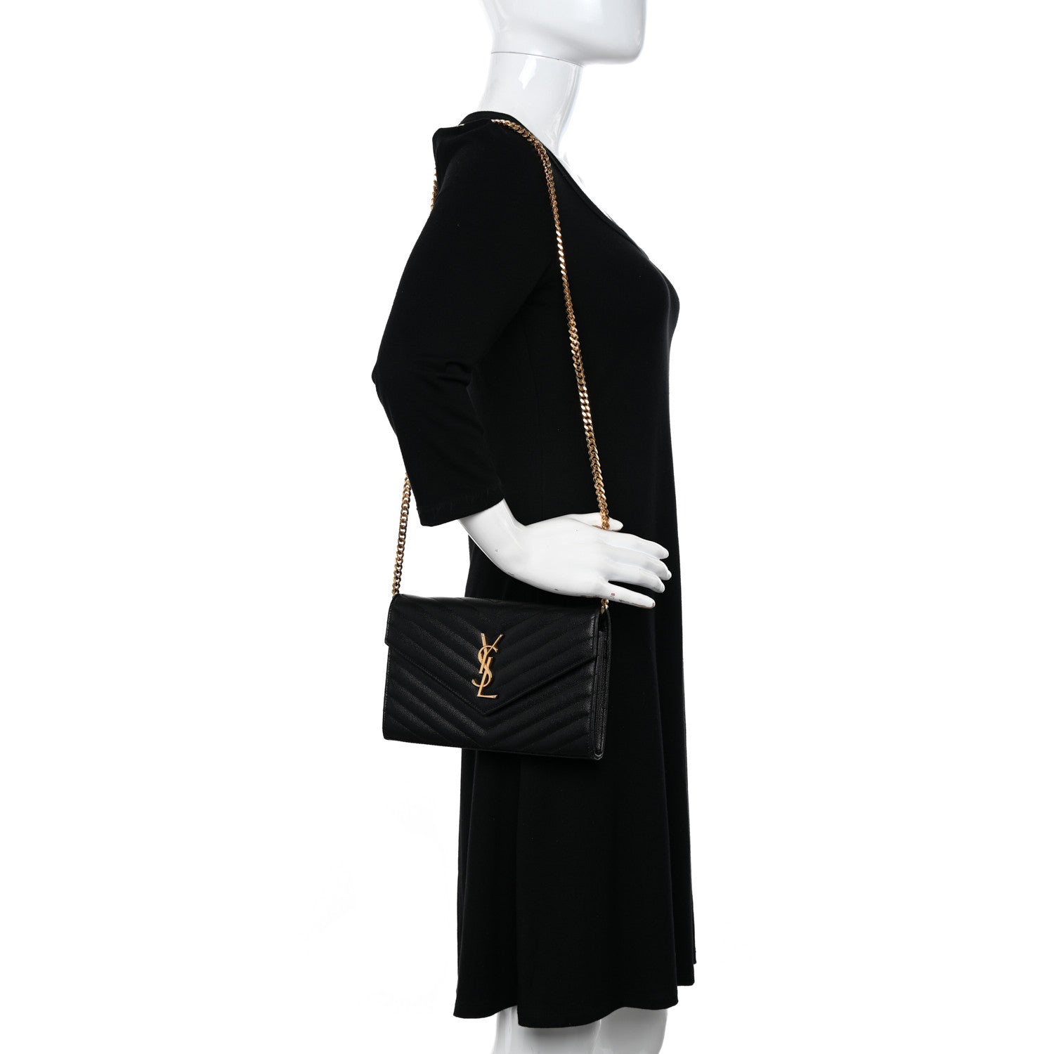 Saint Laurent Grain De Poudre Matelasse Chevron Monogram Chain Wallet Black 2 of 10