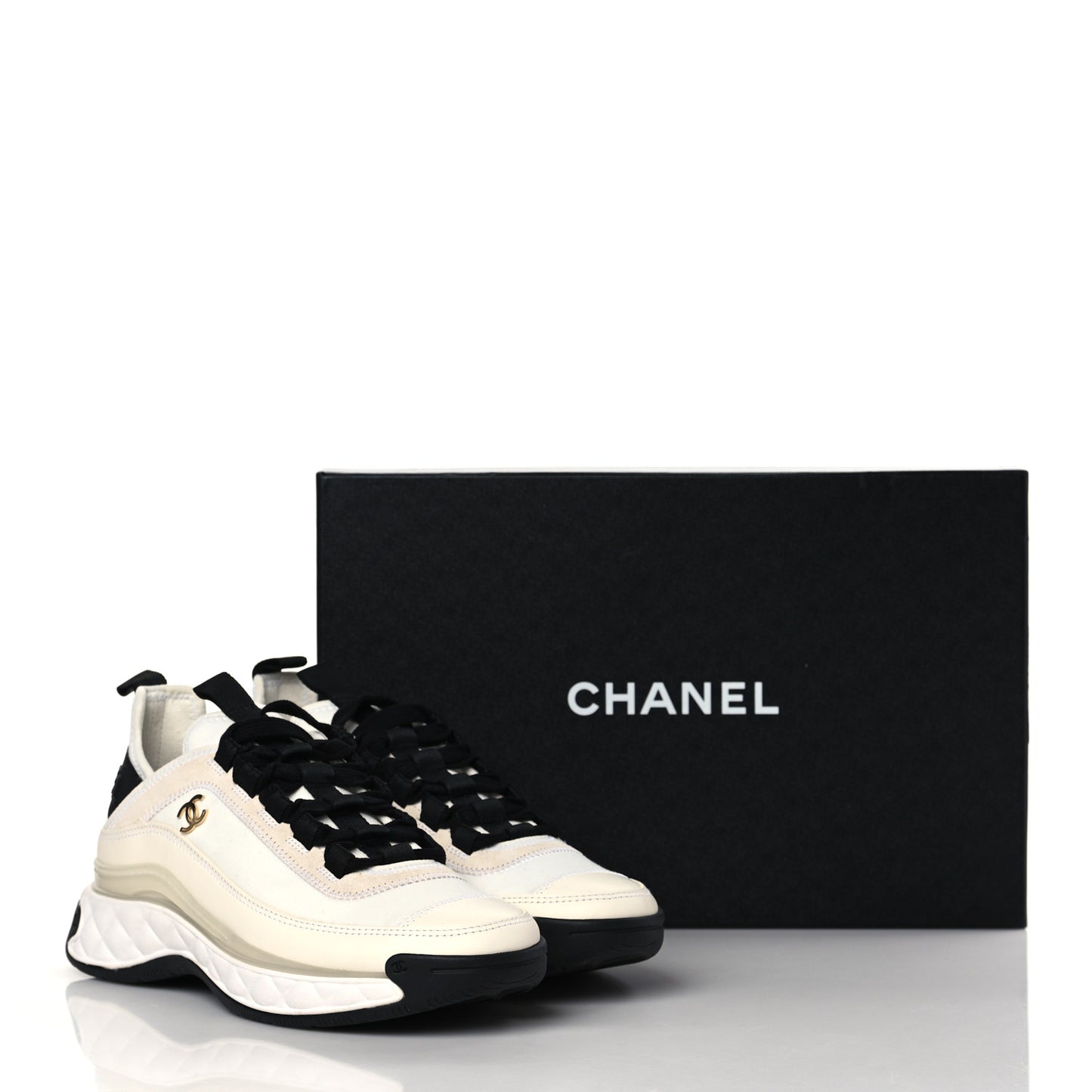 Velvet Calfskin Mixed Fibers CC Sneakers 37 Ivory Black