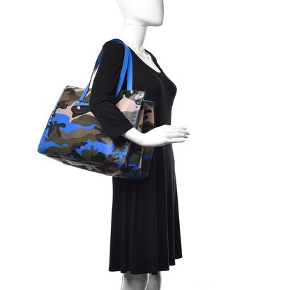 Valentino Garavani Nappa Canvas Camo Medium Rockstud Soft Tote Blue Fluo 2 of 11