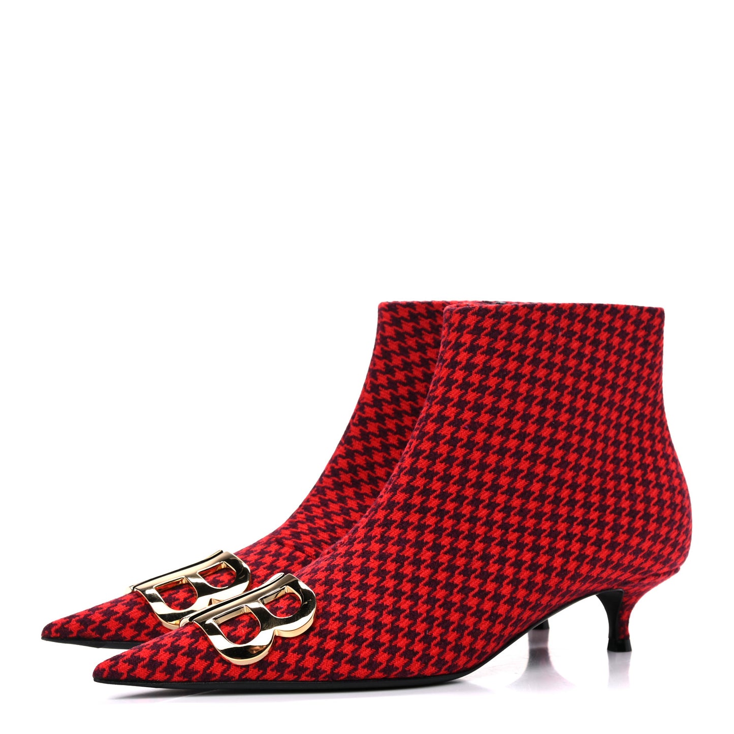 Wool Houndstooth BB Pointy Toe Ankle Booties 37.5 Red Black Gold