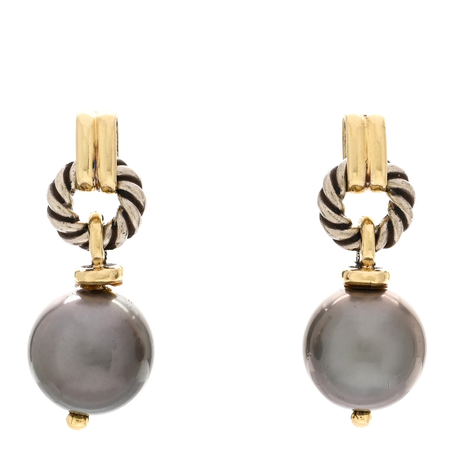 David Yurman Sterling Silver 18K Yellow Gold Gray Pearl Cable Drop Earrings 1 of 4