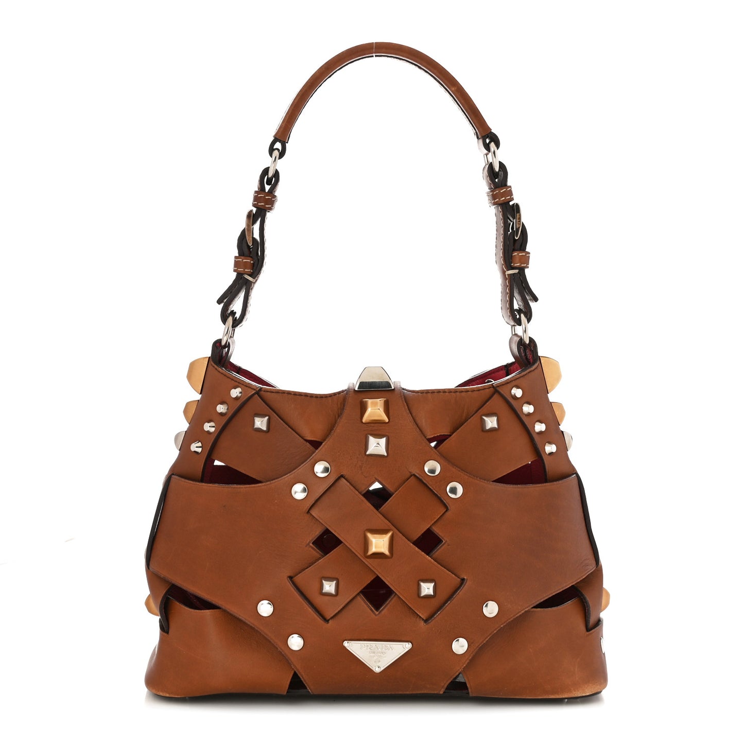 Woven Studded Lattice Shoulder Bag Brown