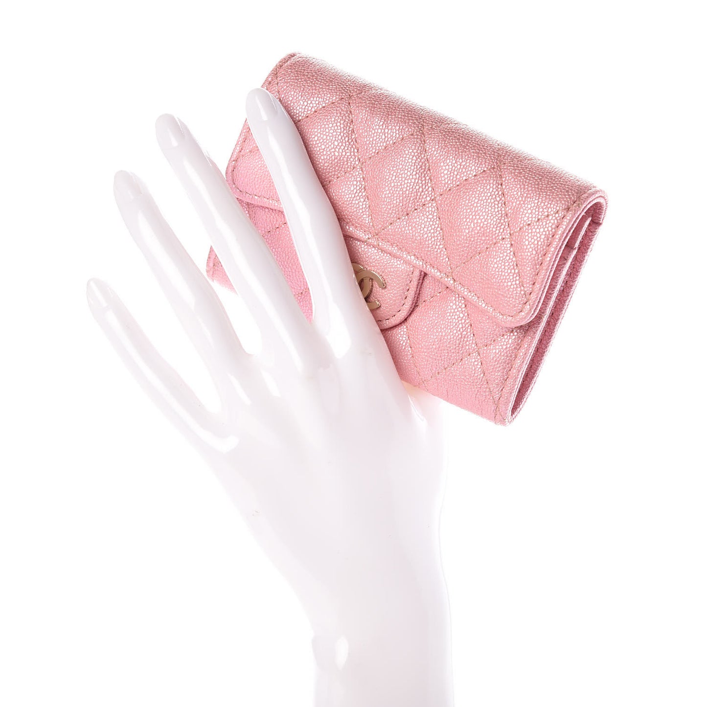 Iridescent Caviar Quilted Flap Card Holder Rose Pink