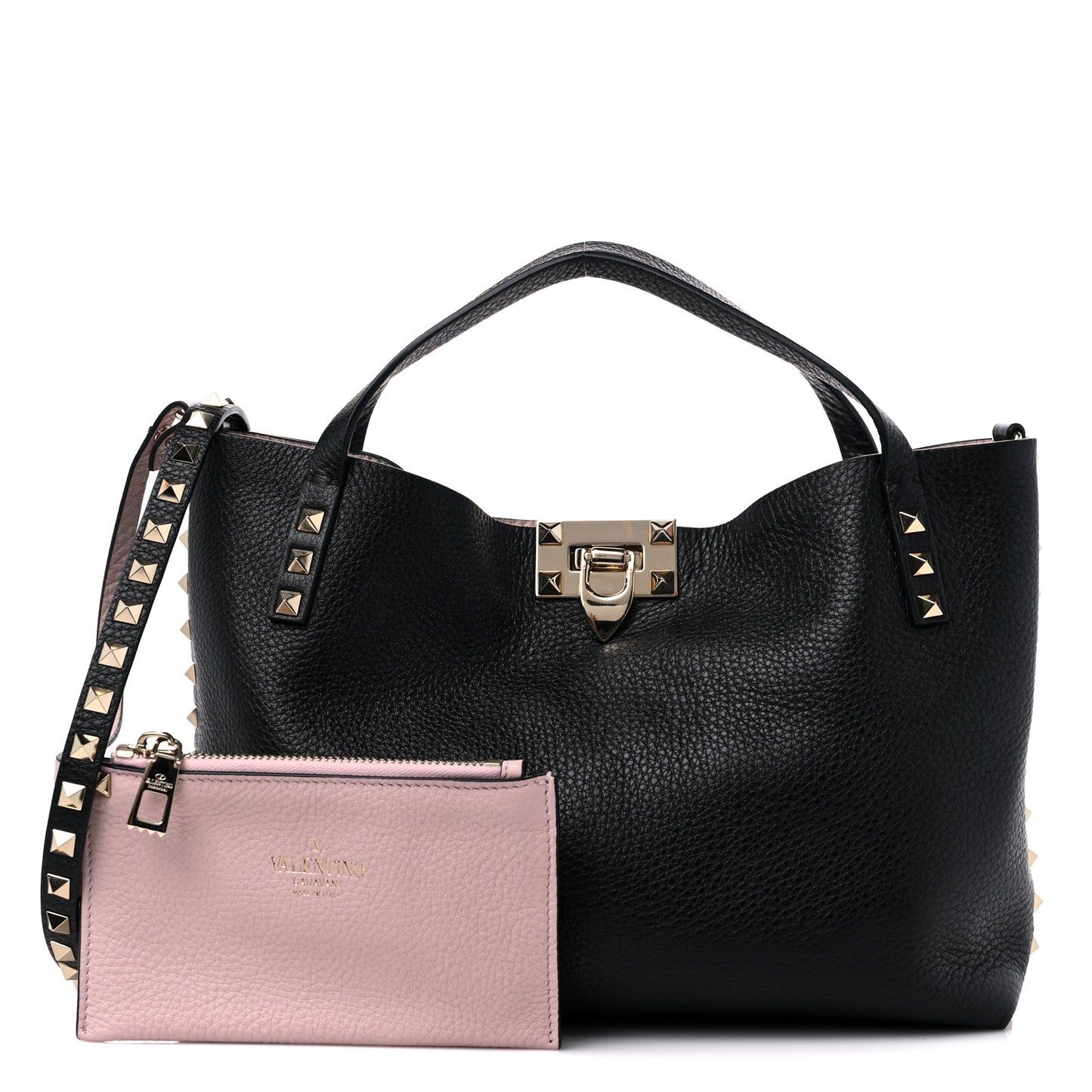 Grained Calfskin Small Rockstud Flip Lock Tote Black Rose Quartz