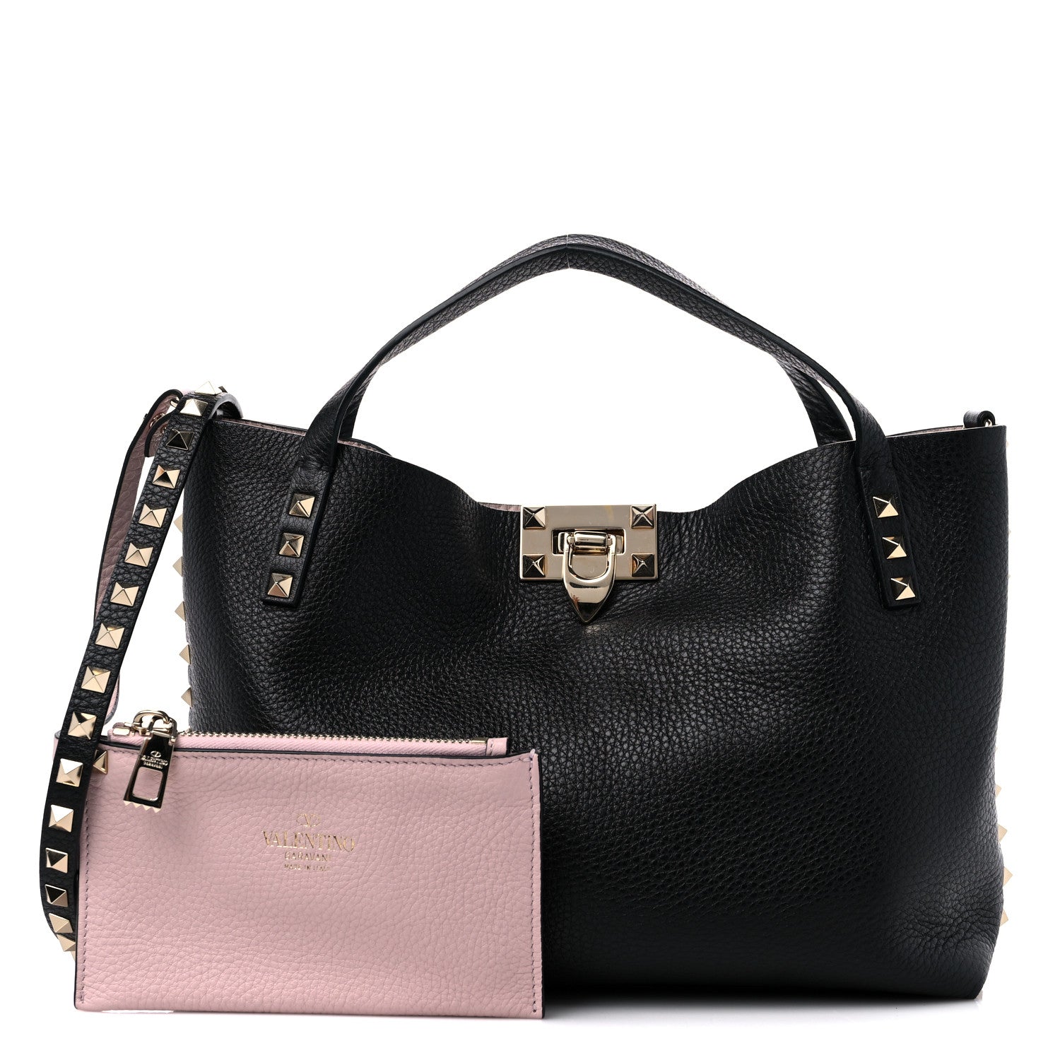 Valentino Garavani Grained Calfskin Small Rockstud Flip Lock Tote Black Rose Quartz 1 of 9