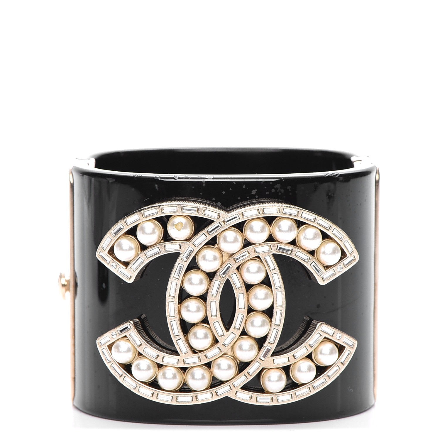 Chanel Resin Pearl Crystal CC Cuff Black 1 of 6