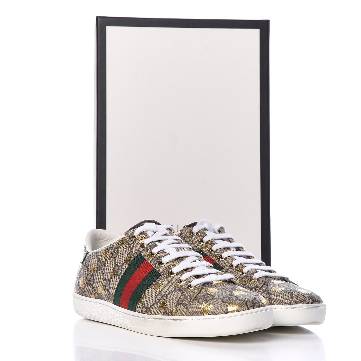 GG Supreme Monogram Bees Ayers Web Womens Ace Sneakers 38 Beige Oro Green Red