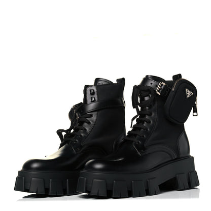 Prada Spazzolato Rois Nylon Metal Triangle Logo Monolith Pouch Pocket 55mm Boots 38.5 Black 2 of 6