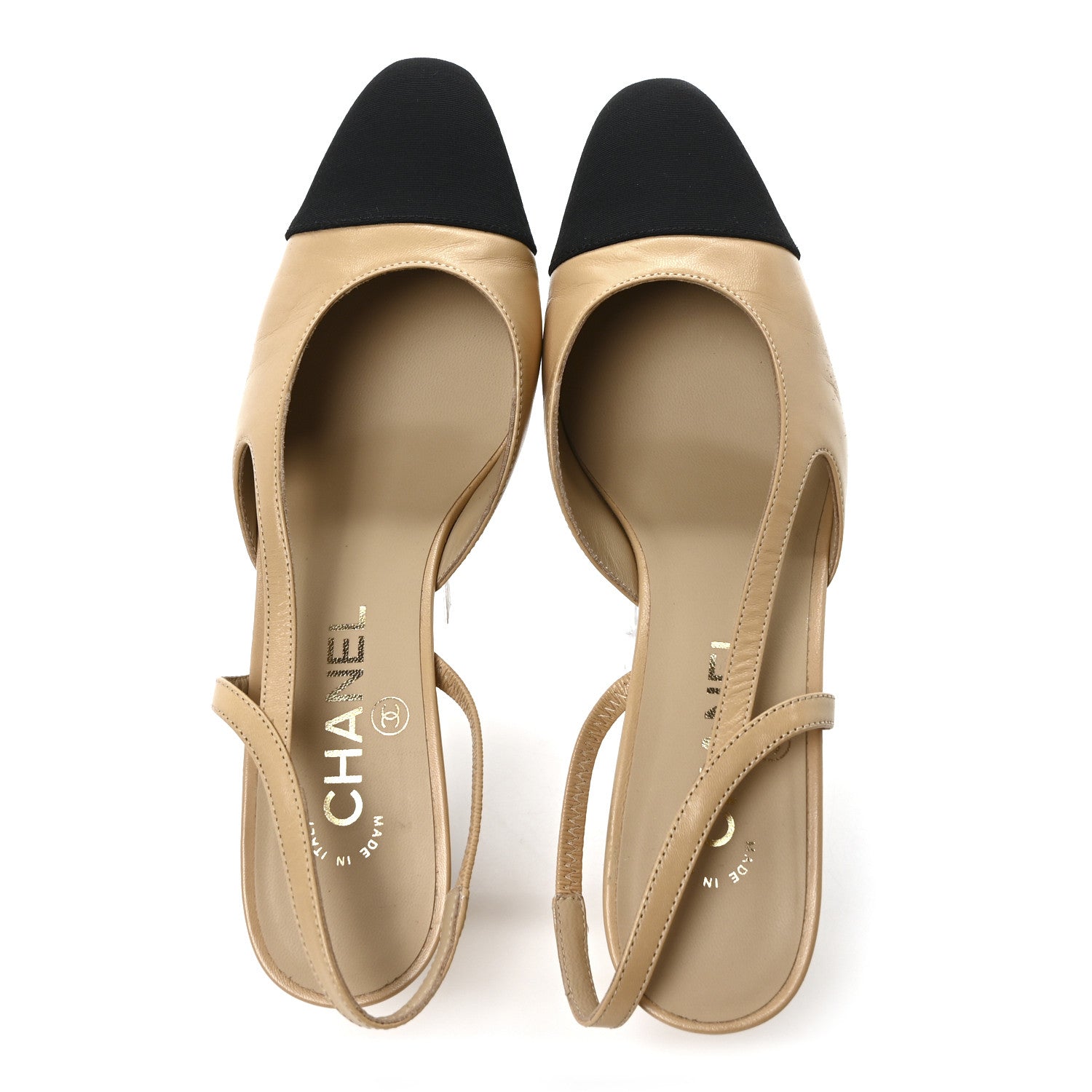 Chanel Goatskin Grosgrain Cap Toe CC Slingback Pumps 37 Beige Black 2 of 9