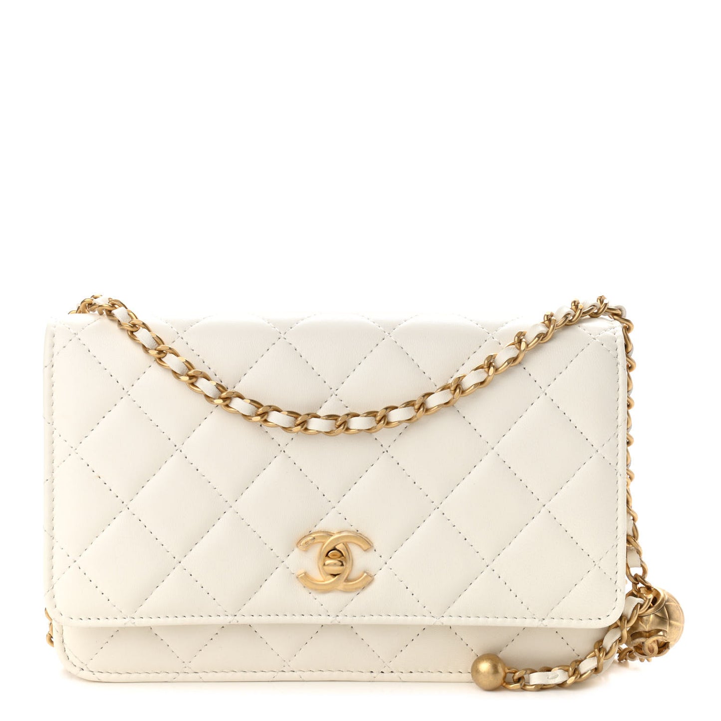 Lambskin Quilted CC Pearl Crush Wallet on Chain WOC White