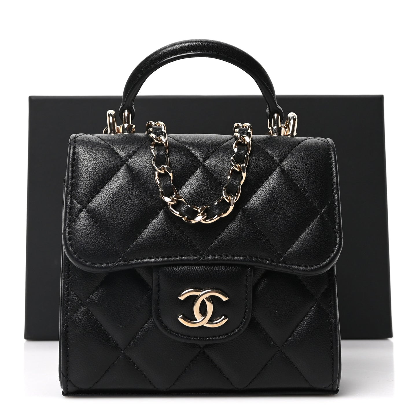 Lambskin Quilted Top Handle Flap Clutch With Chain Black