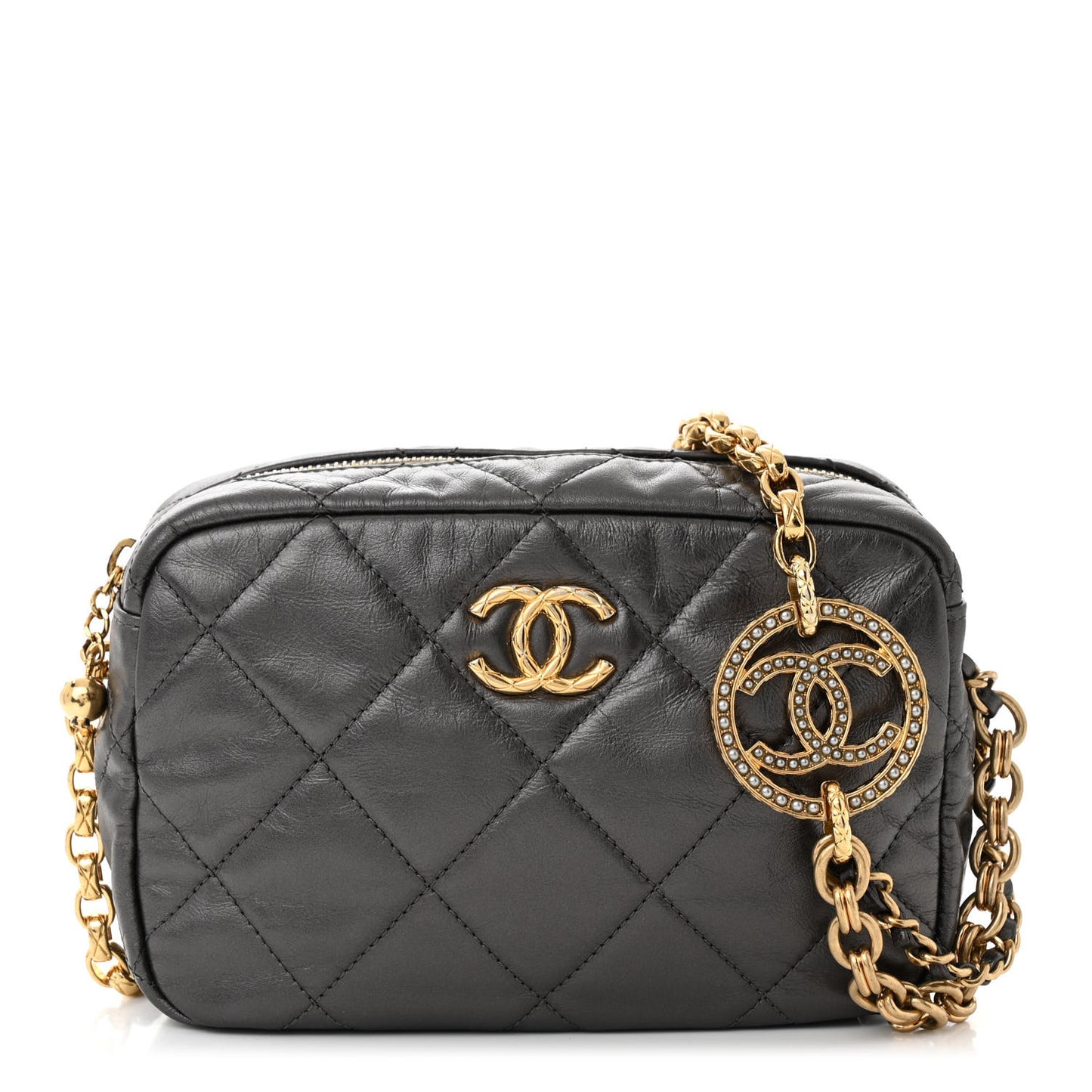 Metallic Calfskin Pearl Quilted CC Mini Camera Case Ruthenium