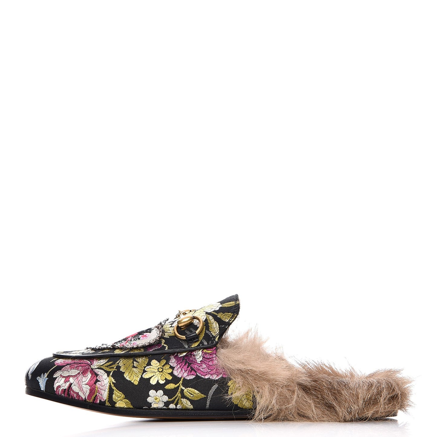 Jacquard Fur Floral Embroidered Womens Princetown Slippers 35.5 Black Multicolor