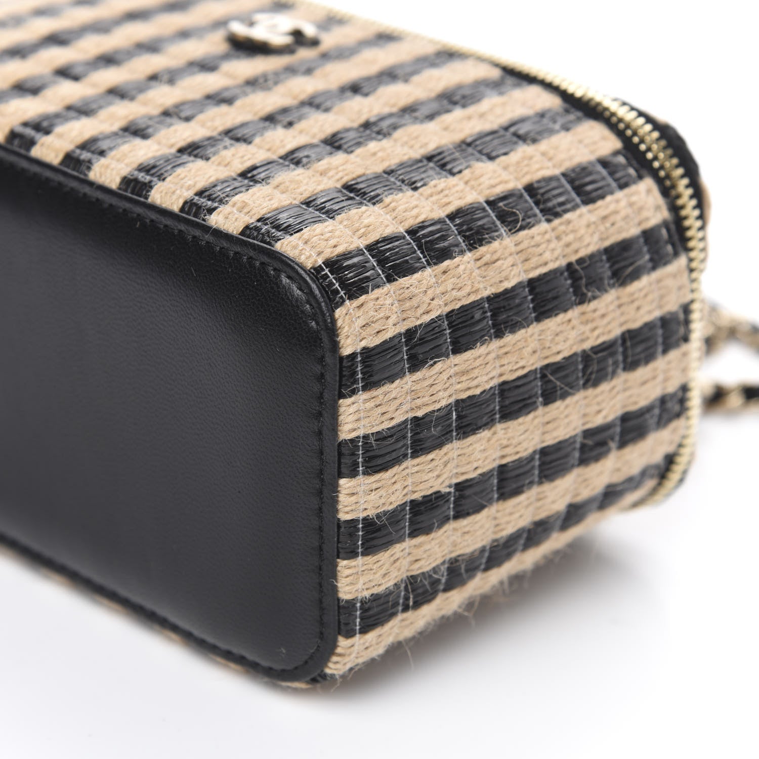 Chanel Raffia Jute Striped Small Vanity Case With Chain Black Beige 9 of 10
