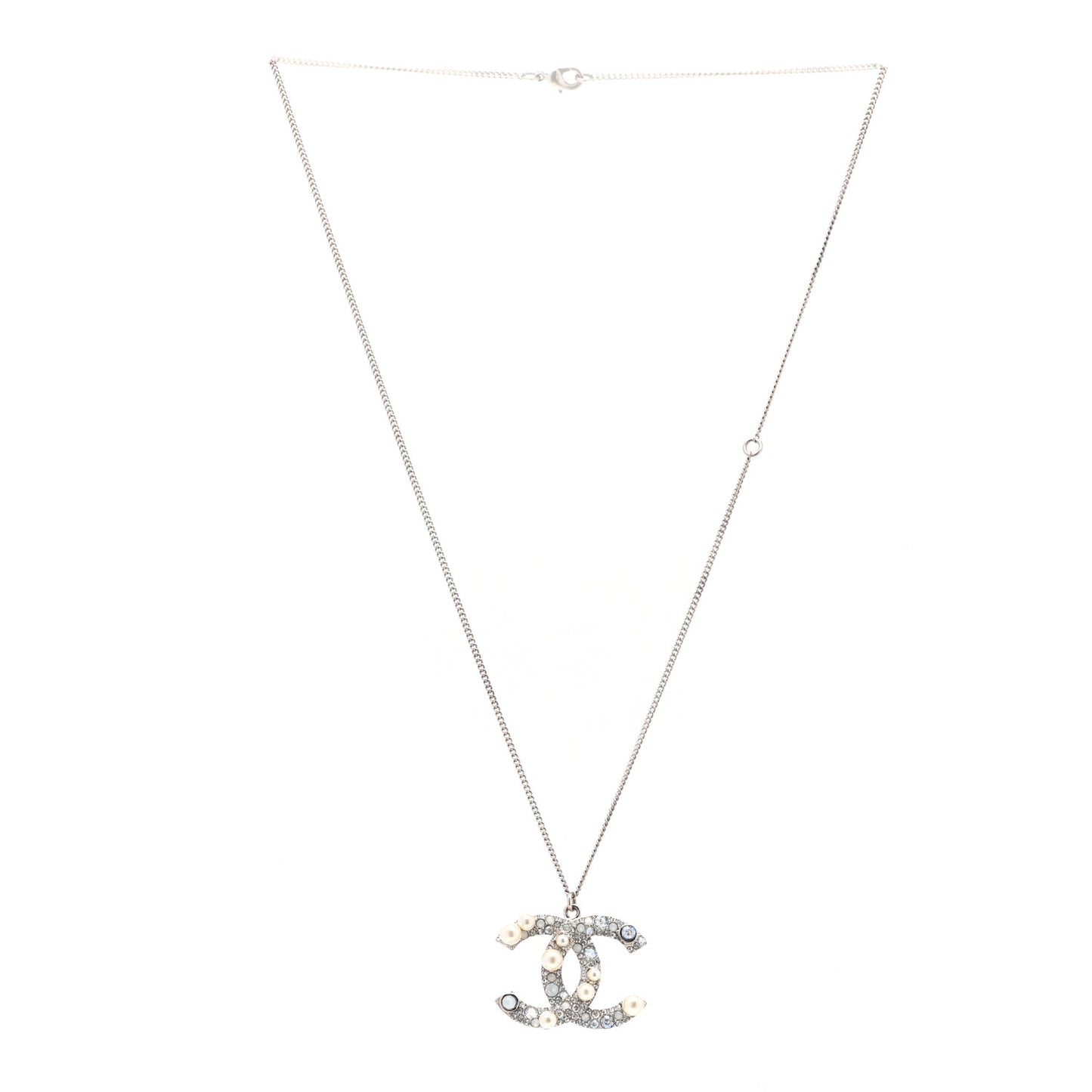 Crystal Pearl CC Pendant Necklace Silver