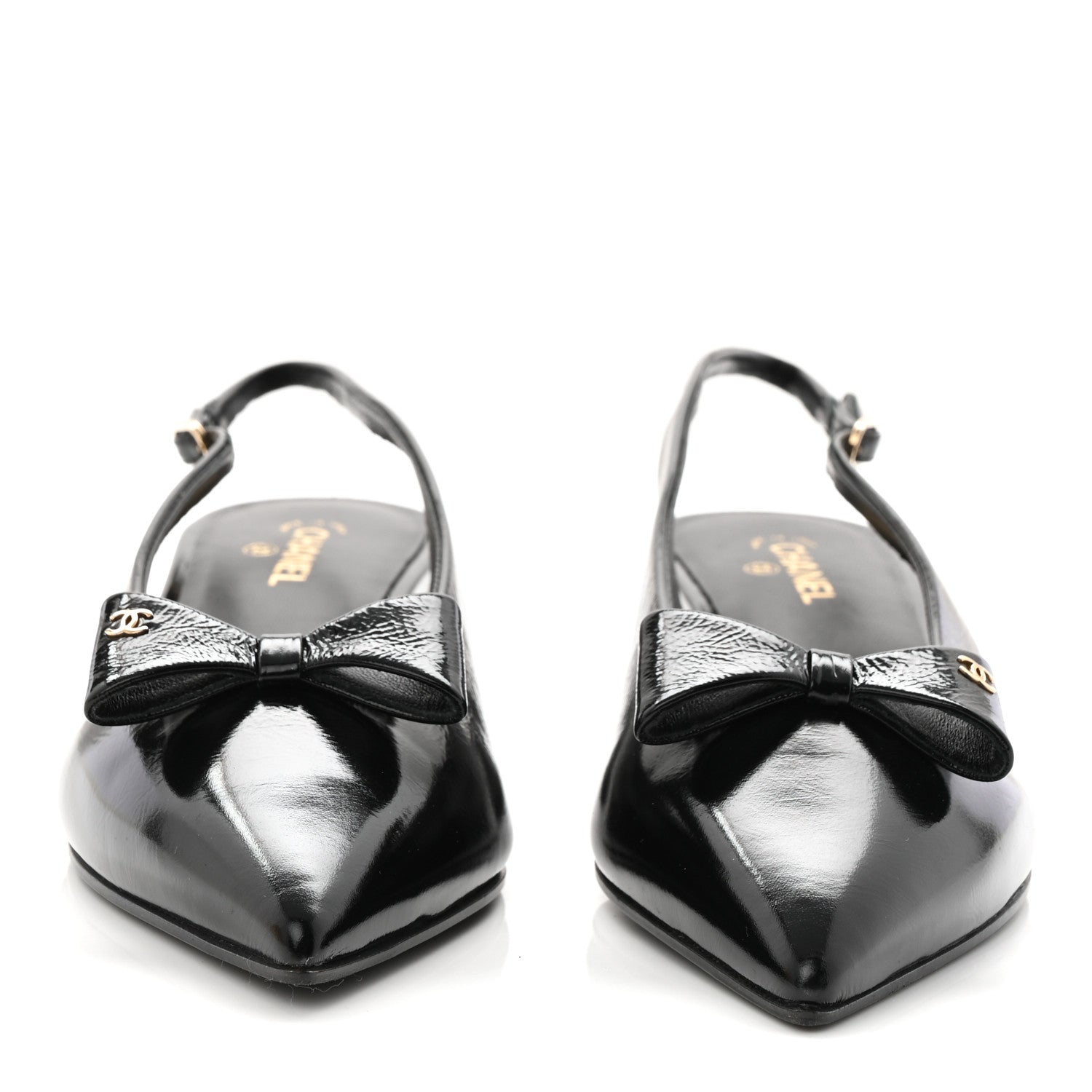 Chanel Crumpled Patent Calfskin CC Bow Slingback Pumps 37.5 Black 3 of 9
