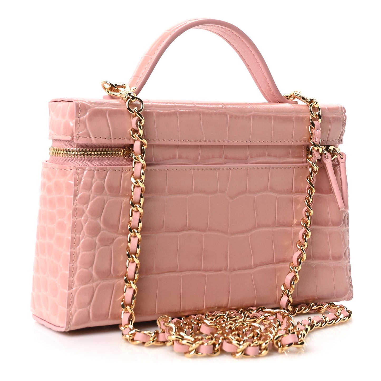 Calfskin Crocodile Embossed Crococo Top Handle Slim Vanity Case With Chain Pink
