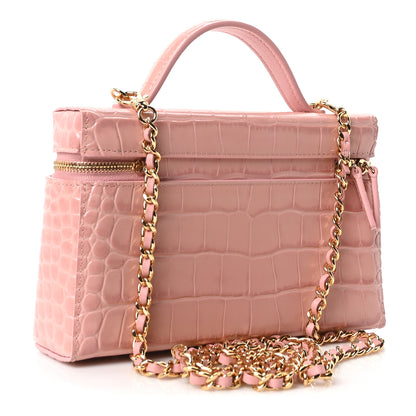 Chanel Calfskin Crocodile Embossed Crococo Top Handle Slim Vanity Case With Chain Pink 3 of 11
