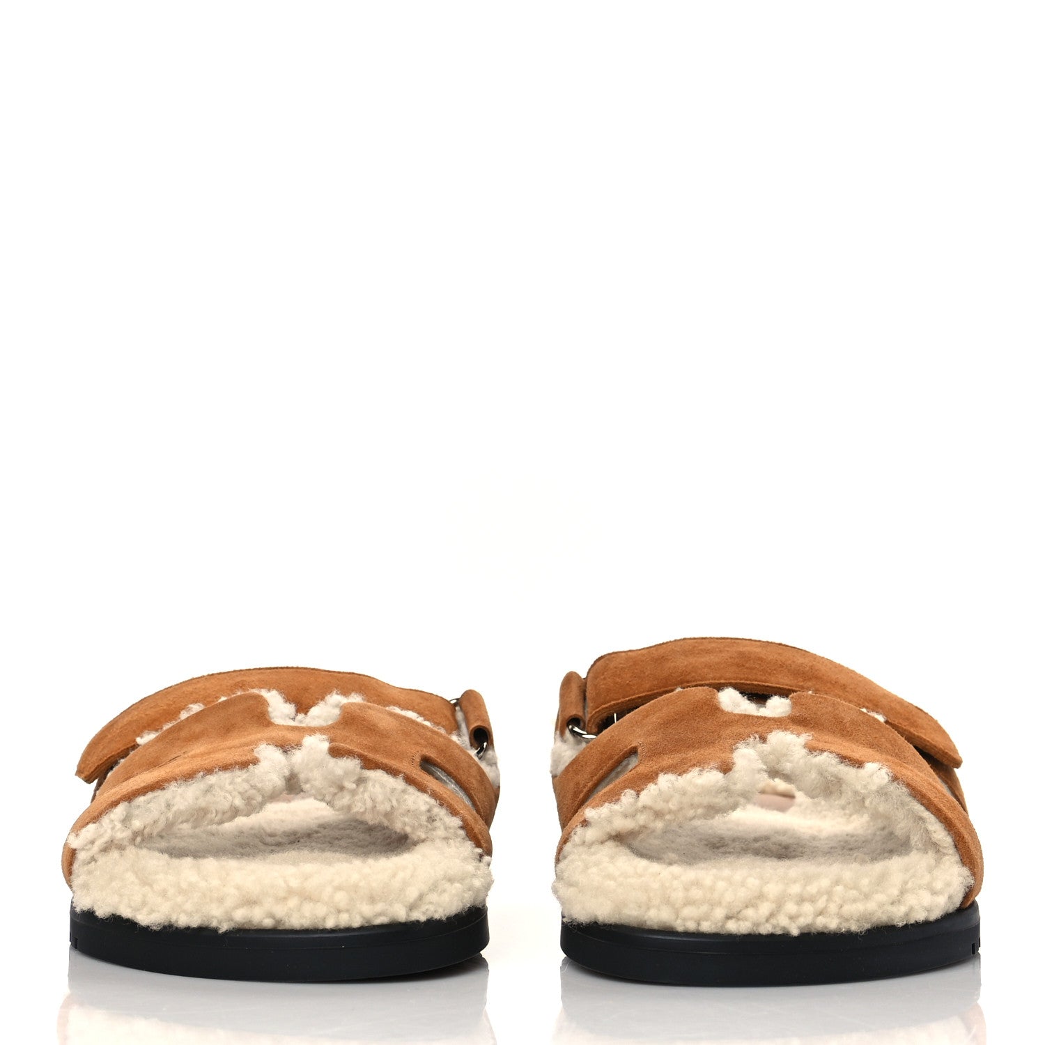 Hermes Suede Goatskin Woolskin Womens Chypre Sandals 38 Brun Fume Ecru 2 of 8