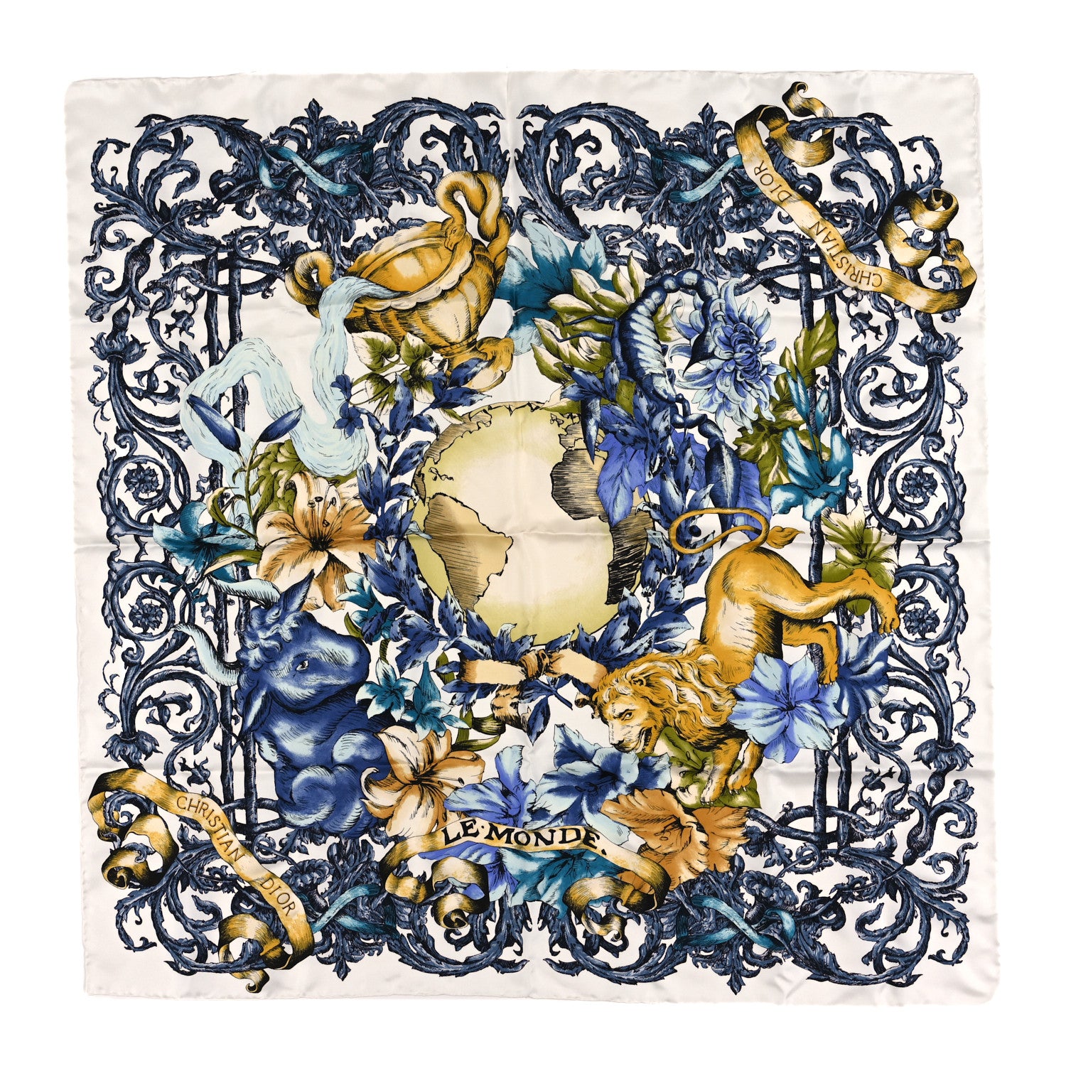 Christian Dior Silk Le Monde 90 Square Scarf White Multicolor 1 of 3