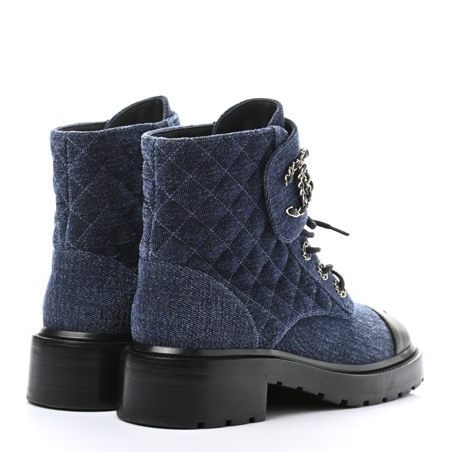 Chanel Shiny Calfskin Velvet Quilted Lace Up Combat Boots 39 Blue Black 3 of 8