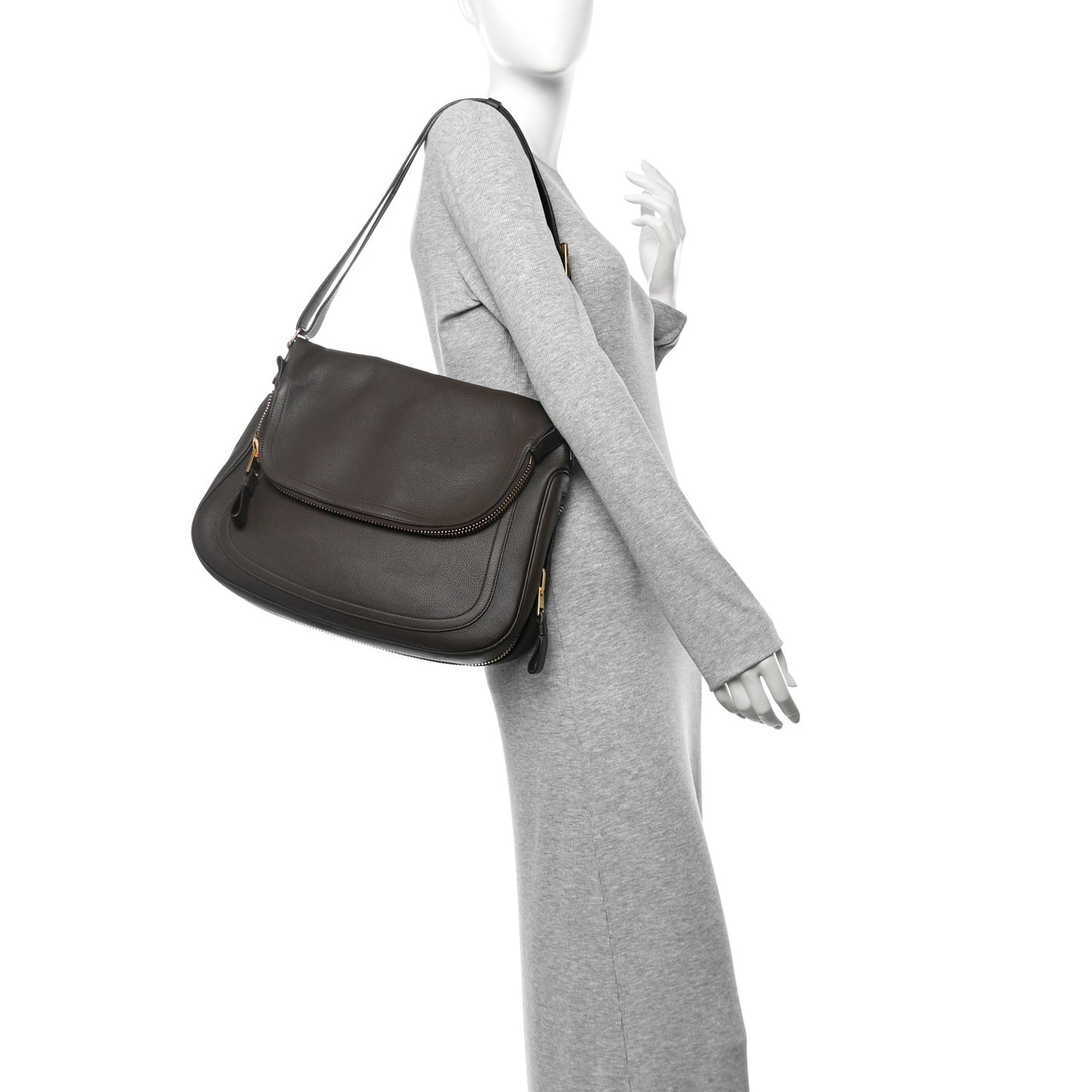Grained Calfskin Large Jennifer Crossbody Bag Brown
