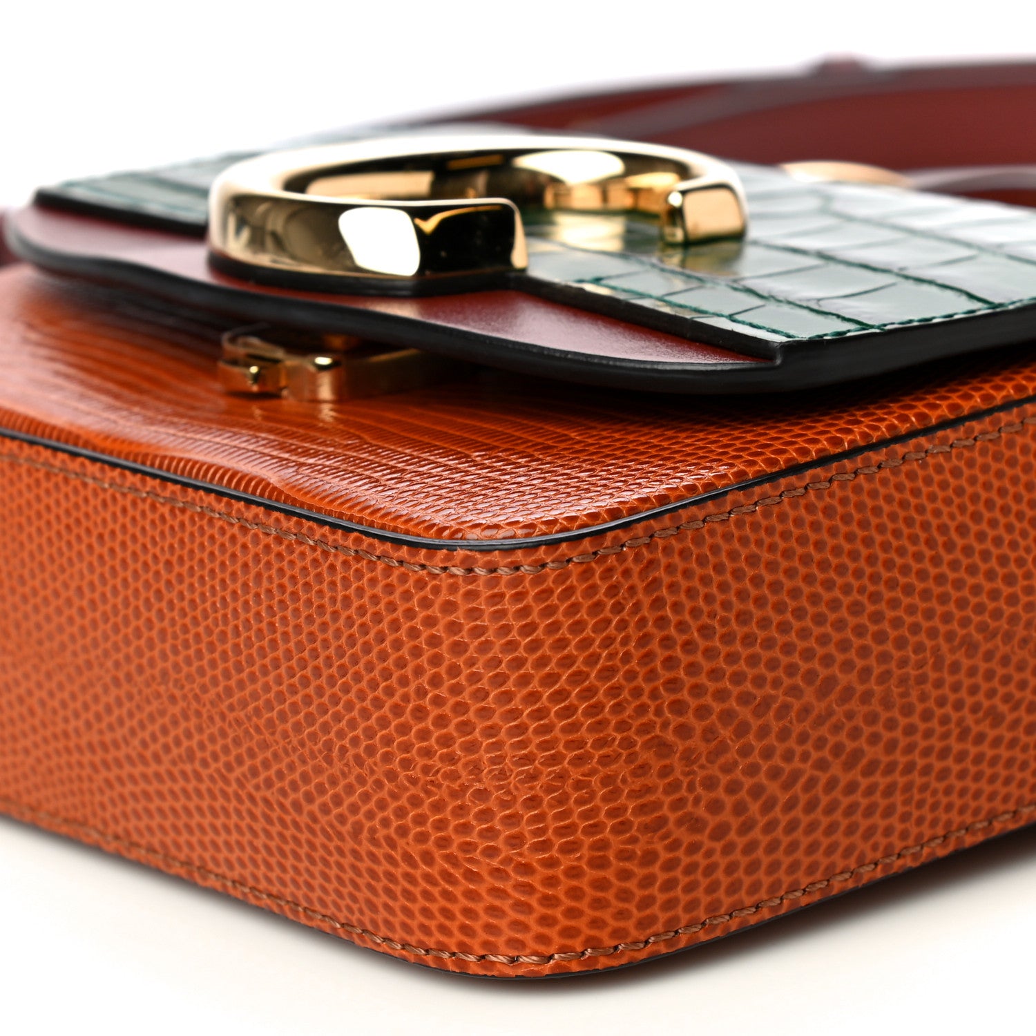 Chloe Calfskin Crocodile Embossed Mini C Double Carry Woodsy Green Chestnut Brown 6 of 14