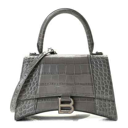 Balenciaga Shiny Calfskin Crocodile Embossed Small Hourglass Top Handle Bag Steel Grey 1 of 7