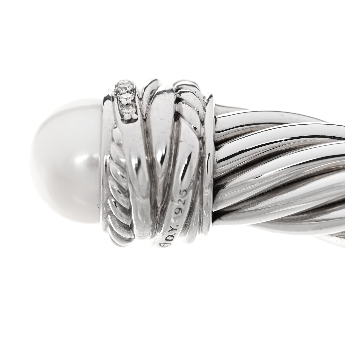 Sterling Silver Diamond Cultured Pearl 10mm Crossover Hinge Bracelet