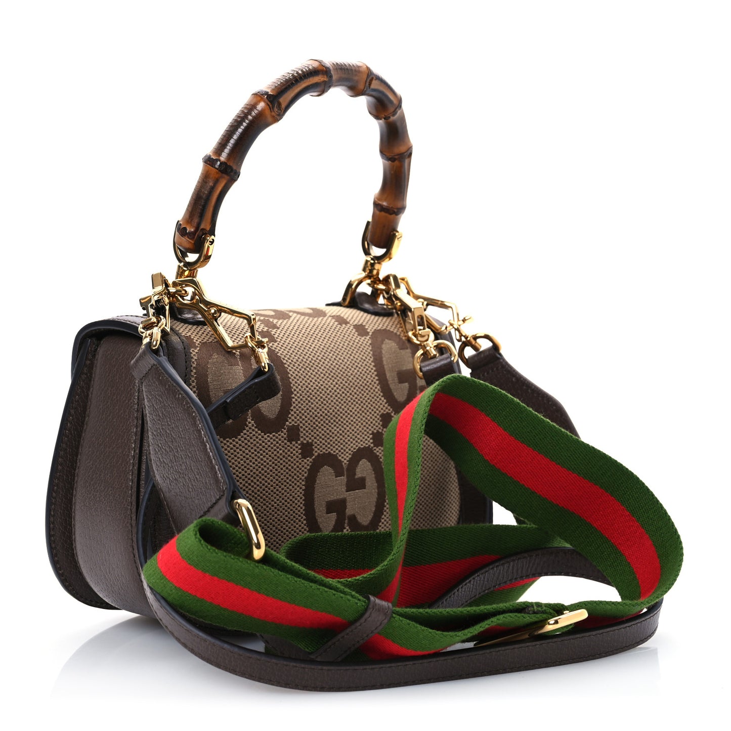 Monogram Jumbo GG Textured Dollar Calfskin Web Small Bamboo 1947 Top Handle Bag Camel Ebony New Acero