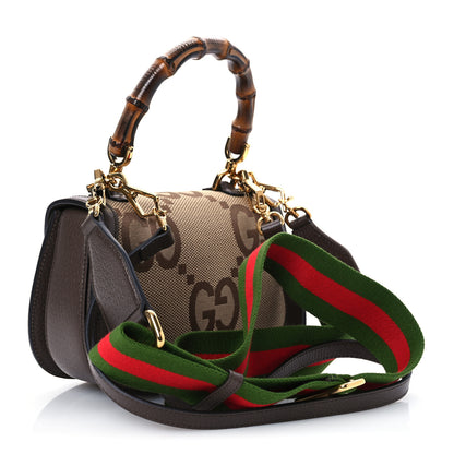 Gucci Monogram Jumbo GG Textured Dollar Calfskin Web Small Bamboo 1947 Top Handle Bag Camel Ebony New Acero 4 of 11