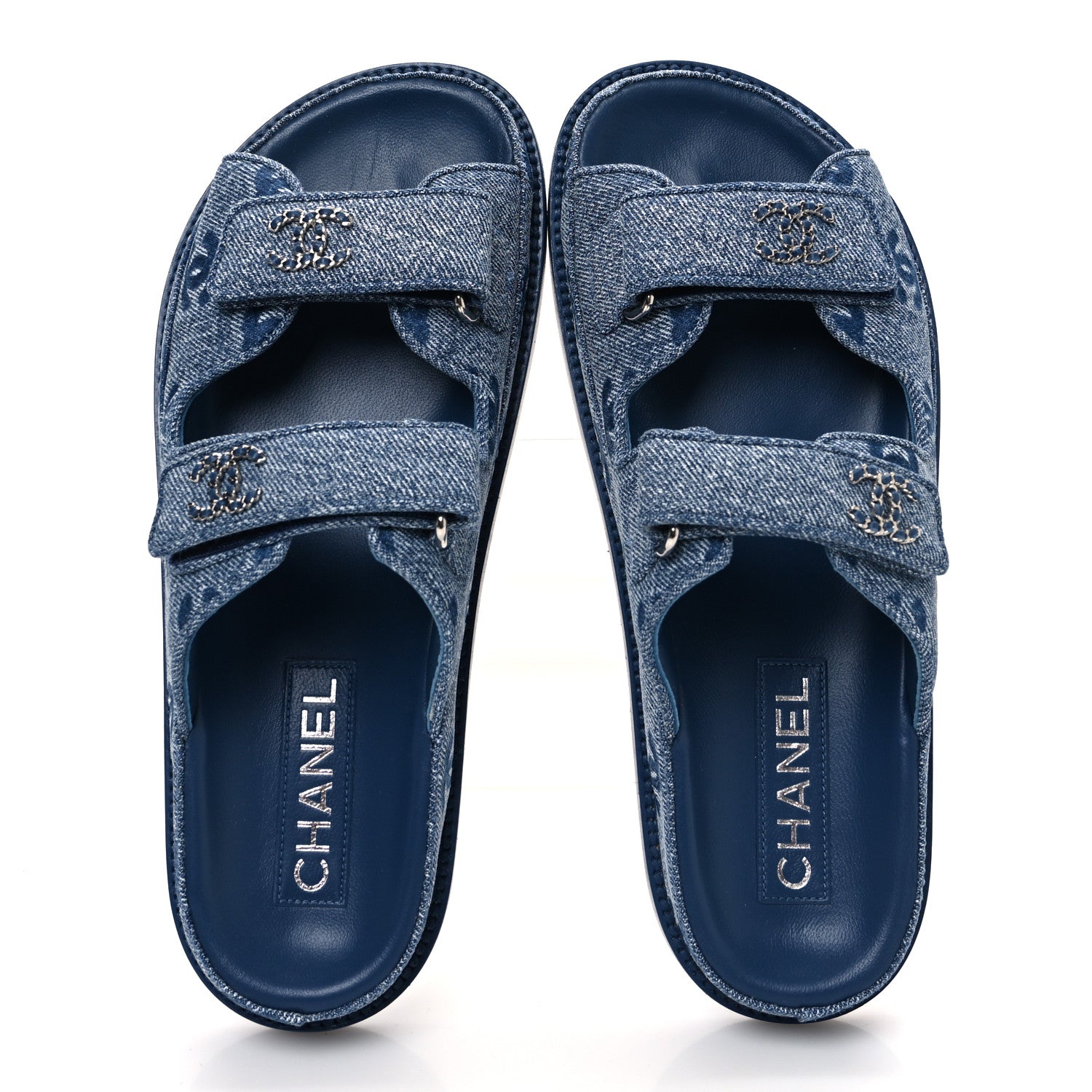 Chanel Denim CC Velcro Dad Chain CC Slide Sandals 37.5 Blue 2 of 11
