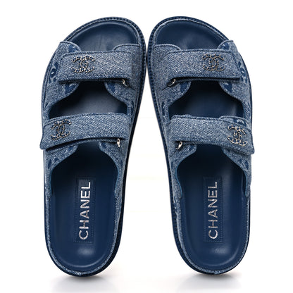Chanel Denim CC Velcro Dad Chain CC Slide Sandals 37.5 Blue 2 of 11