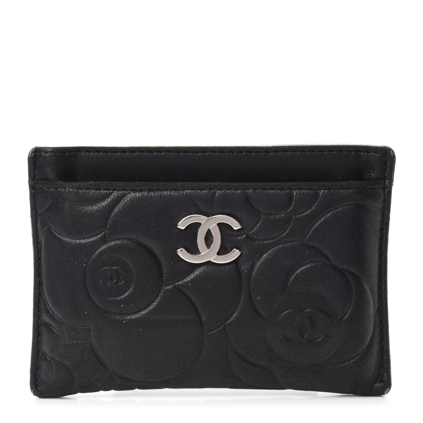 Lambskin Camellia Embossed Card Holder Black